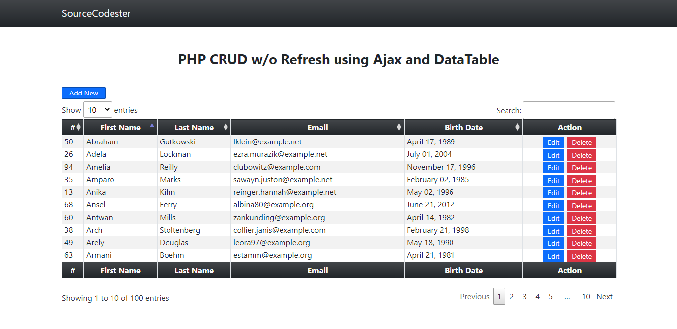 PHP CRUD without Refresh/Reload using Ajax and DataTables Tutorial | SourceCodester
